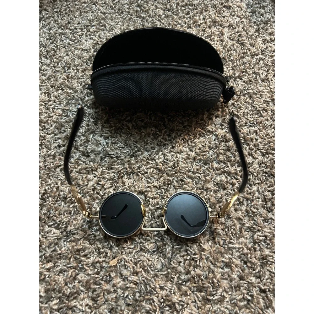 Steampunk Round Sunglasses Gold Black Metal Frame Retro Cyberpunk Goggles